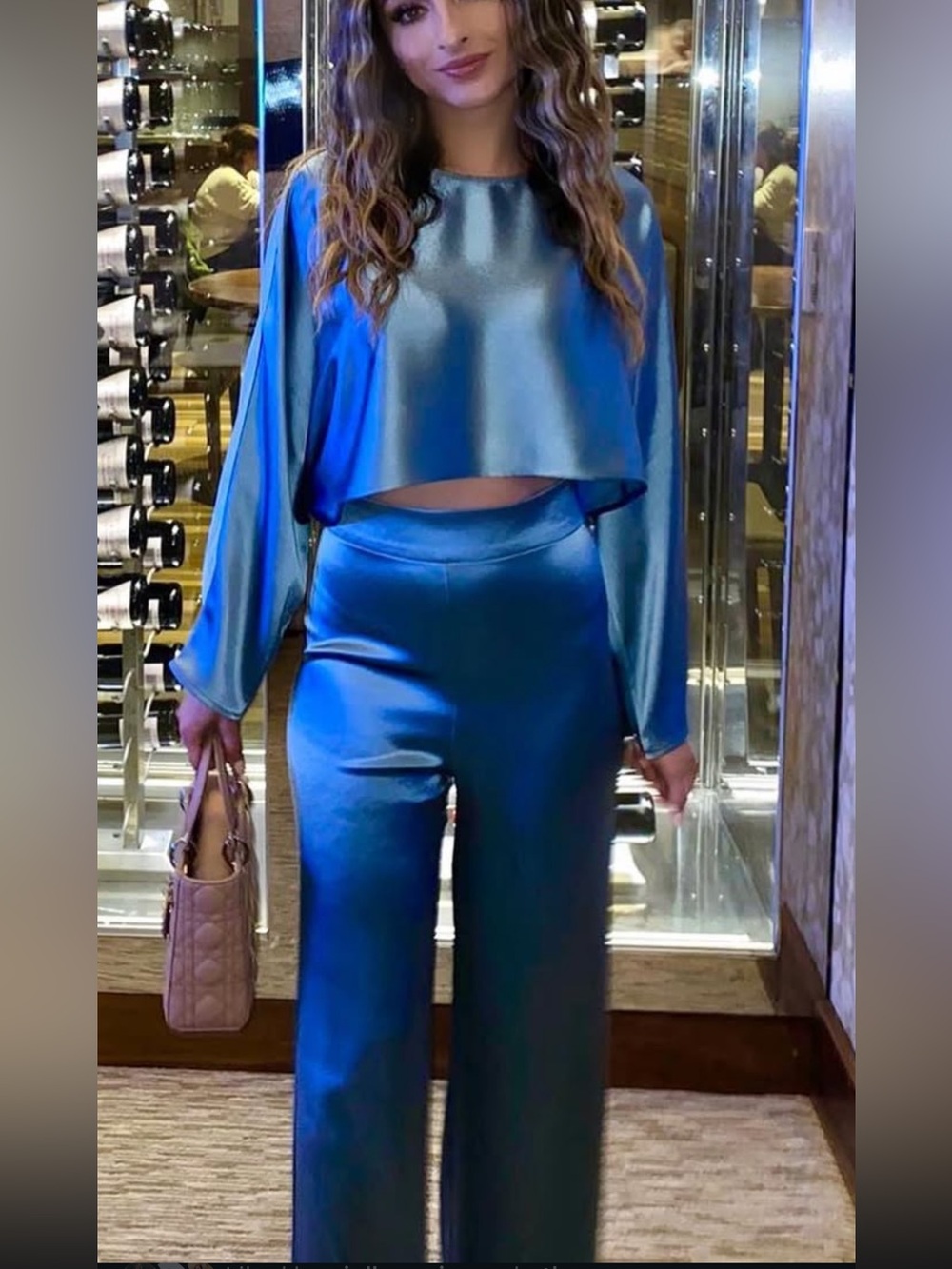 Blue Satin Wide-Leg Pants and top set